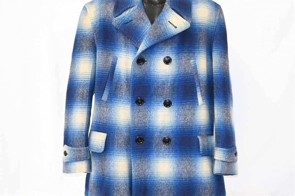 50s Blue Shadow Plaid Belted Wool Pea Coat Large