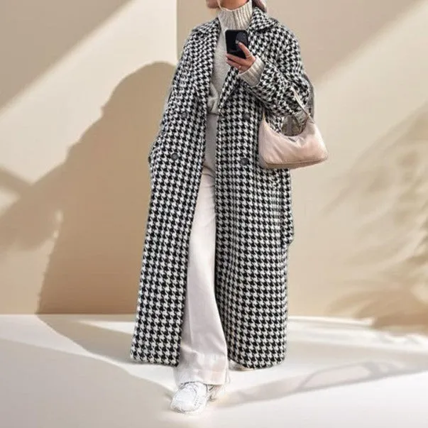 Black and White Houndstooth Long Coat