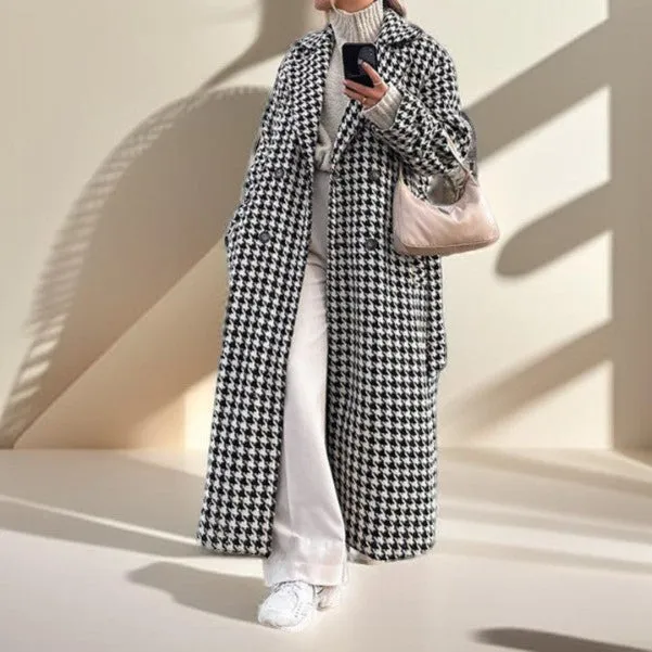 Black and White Houndstooth Long Coat