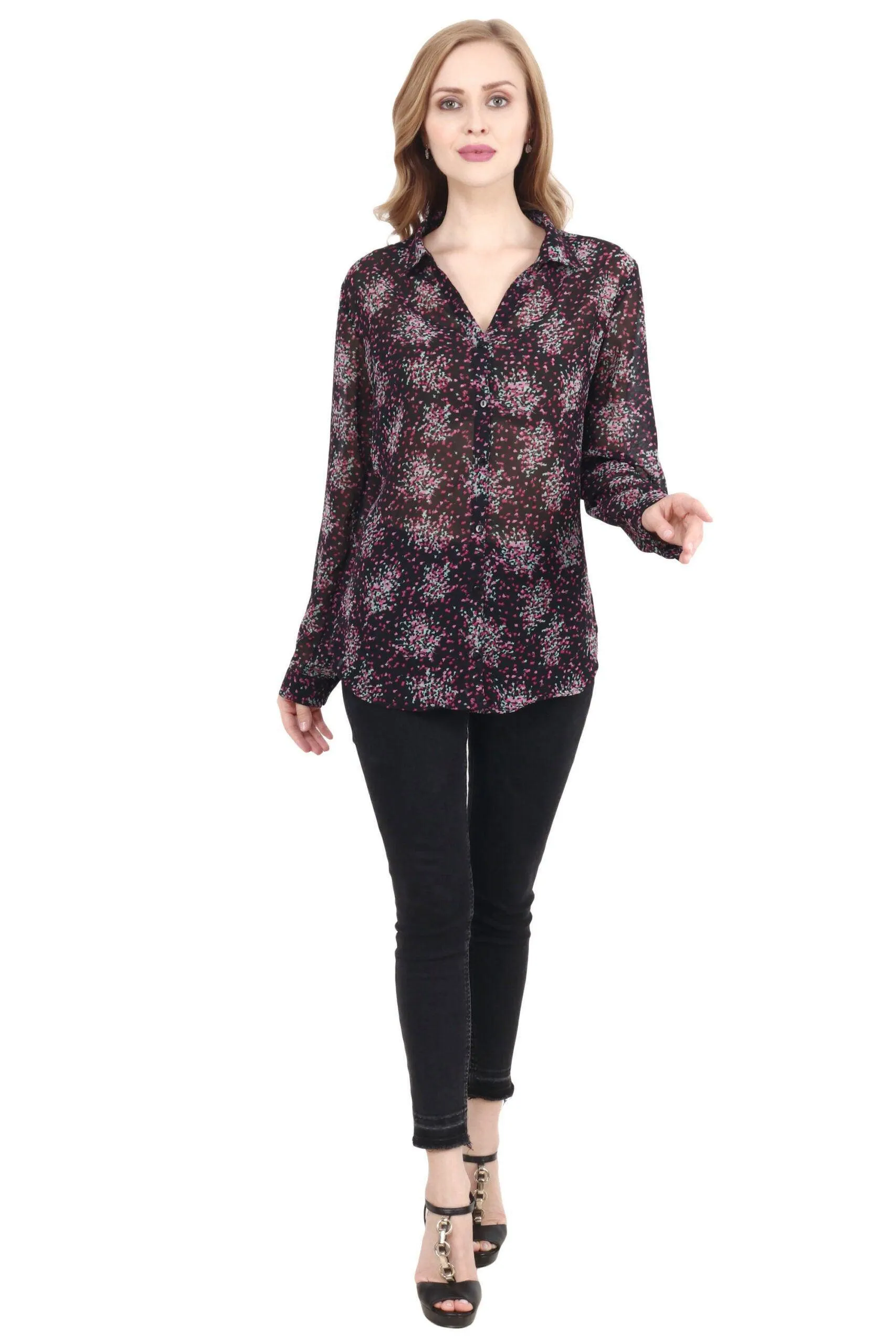 Black Small Floral Multicolor Printed Shirt