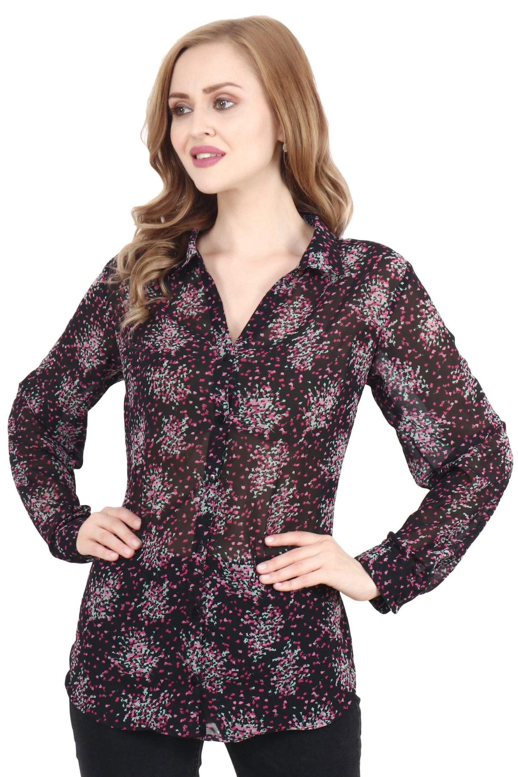 Black Small Floral Multicolor Printed Shirt