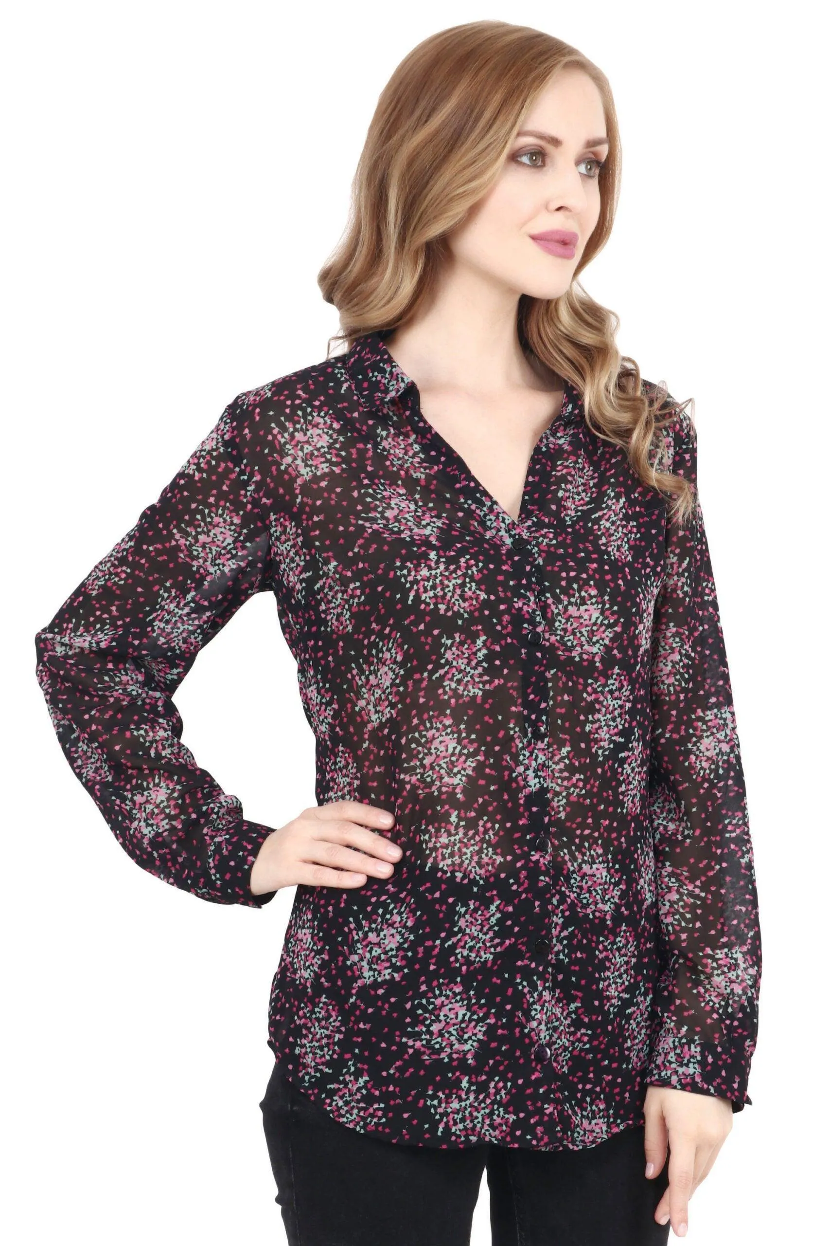 Black Small Floral Multicolor Printed Shirt