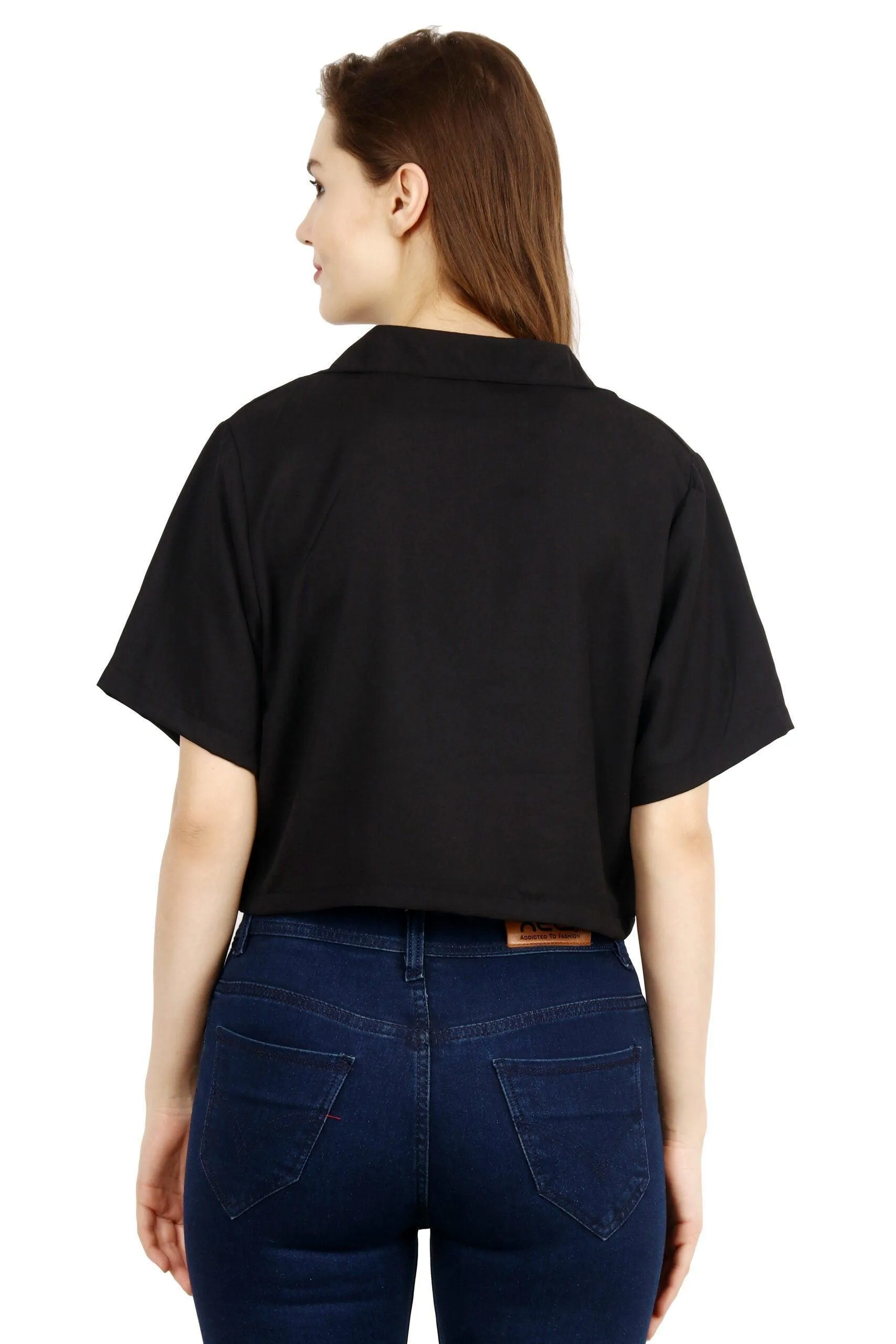 Black Solid Shirt Style Crop Top