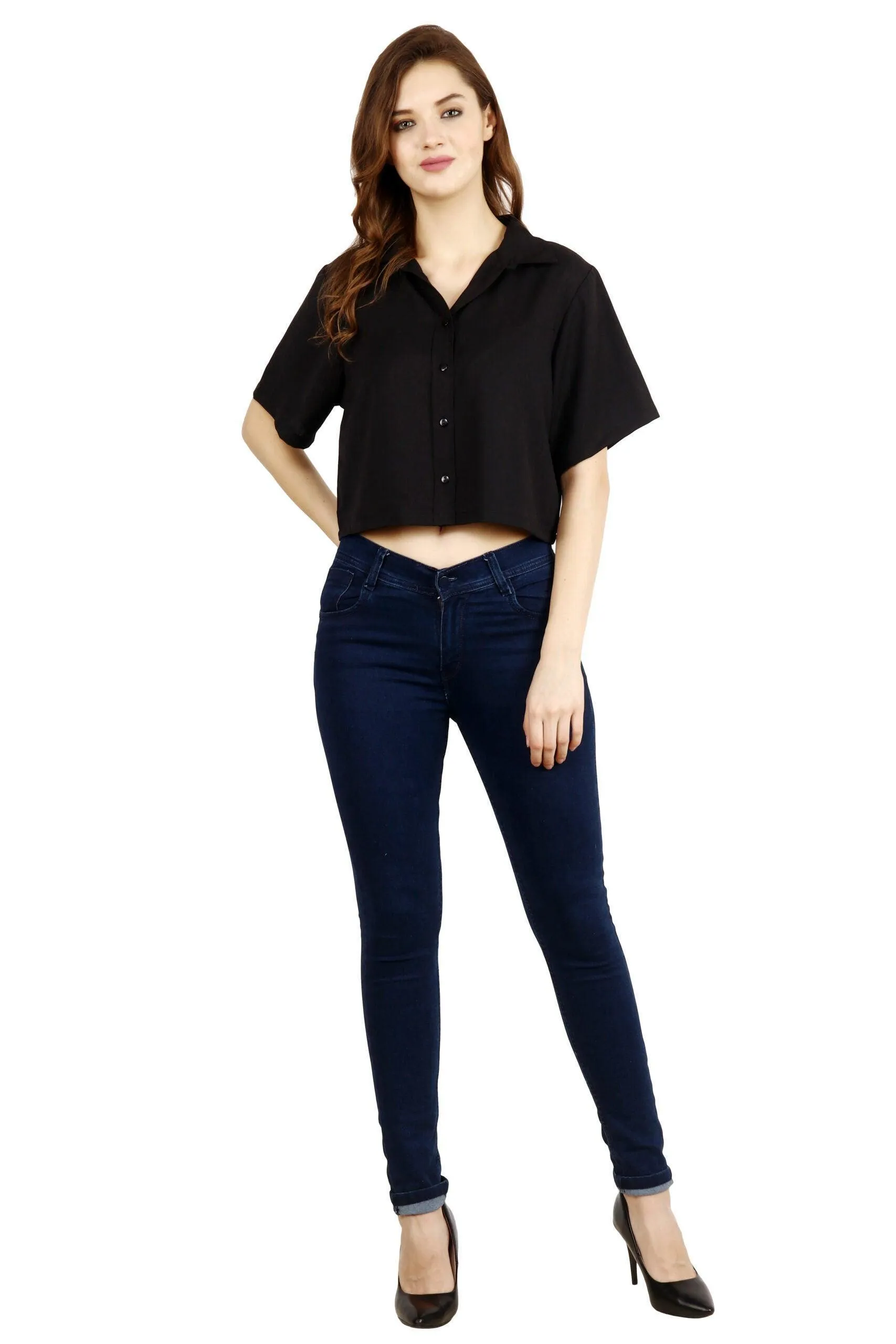 Black Solid Shirt Style Crop Top