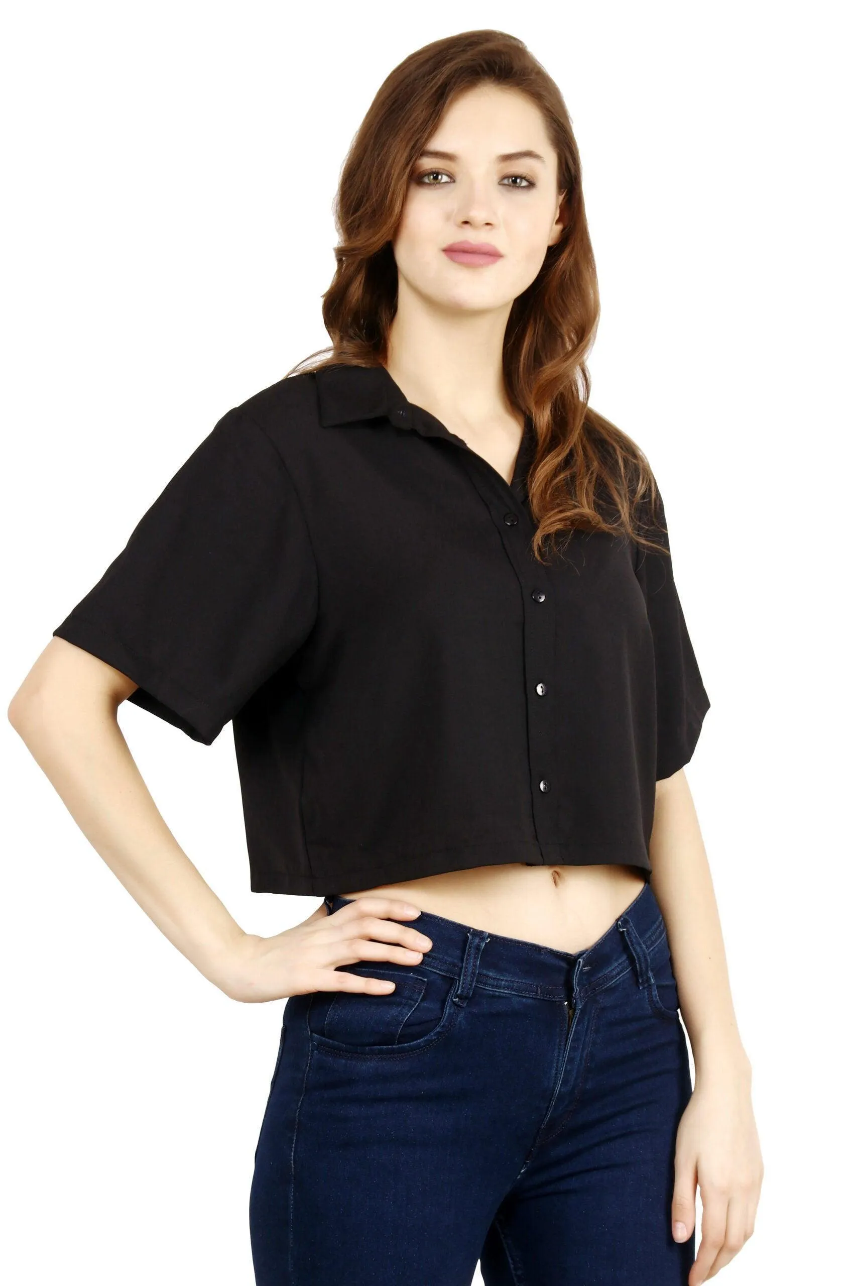 Black Solid Shirt Style Crop Top