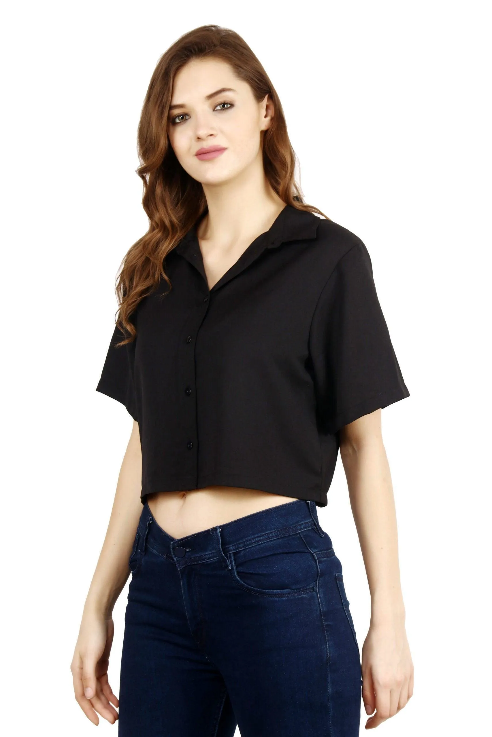 Black Solid Shirt Style Crop Top