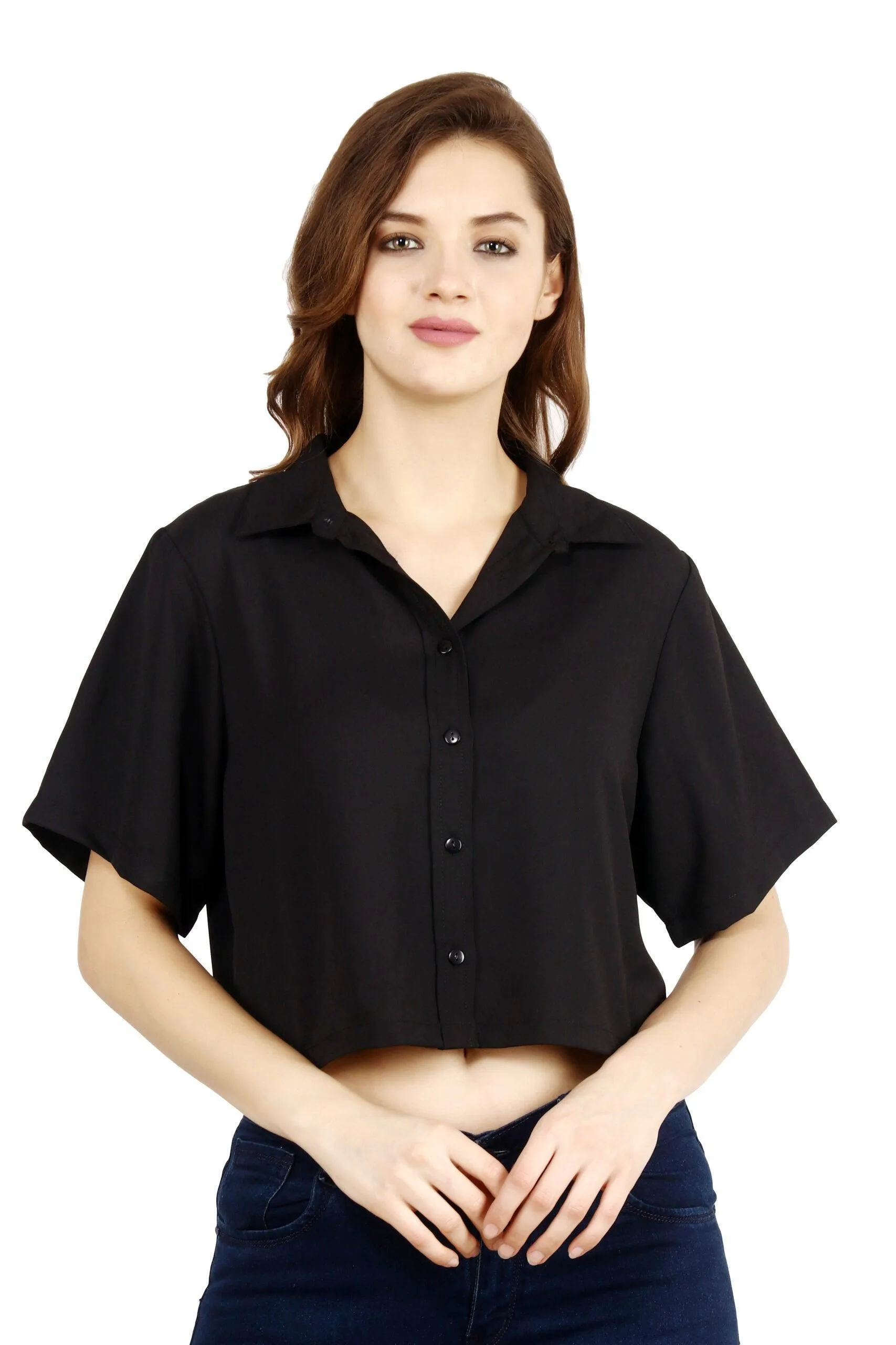 Black Solid Shirt Style Crop Top