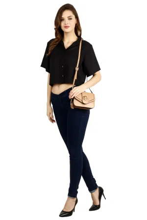 Black Solid Shirt Style Crop Top