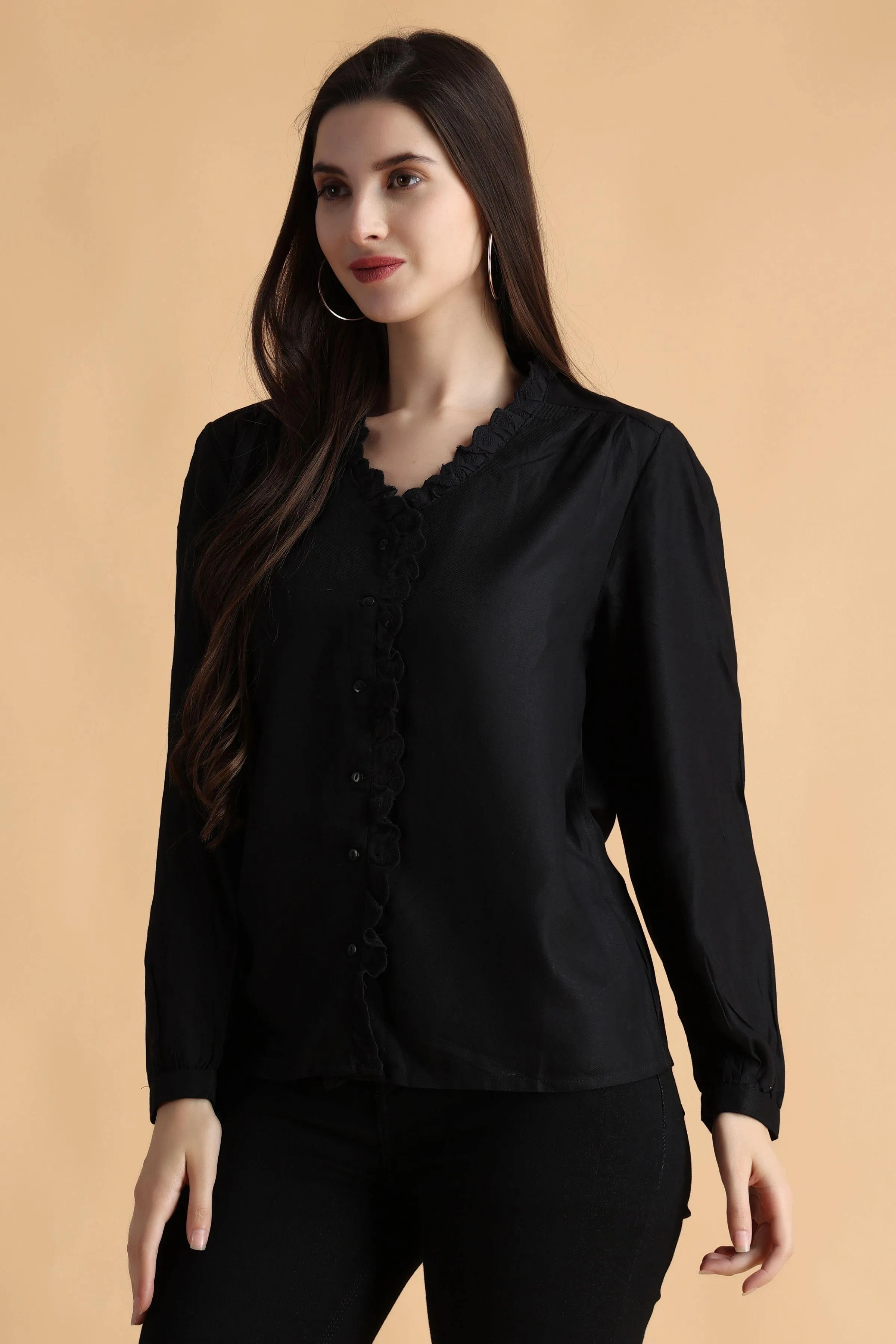 Black Solid Shirt with Lace Border