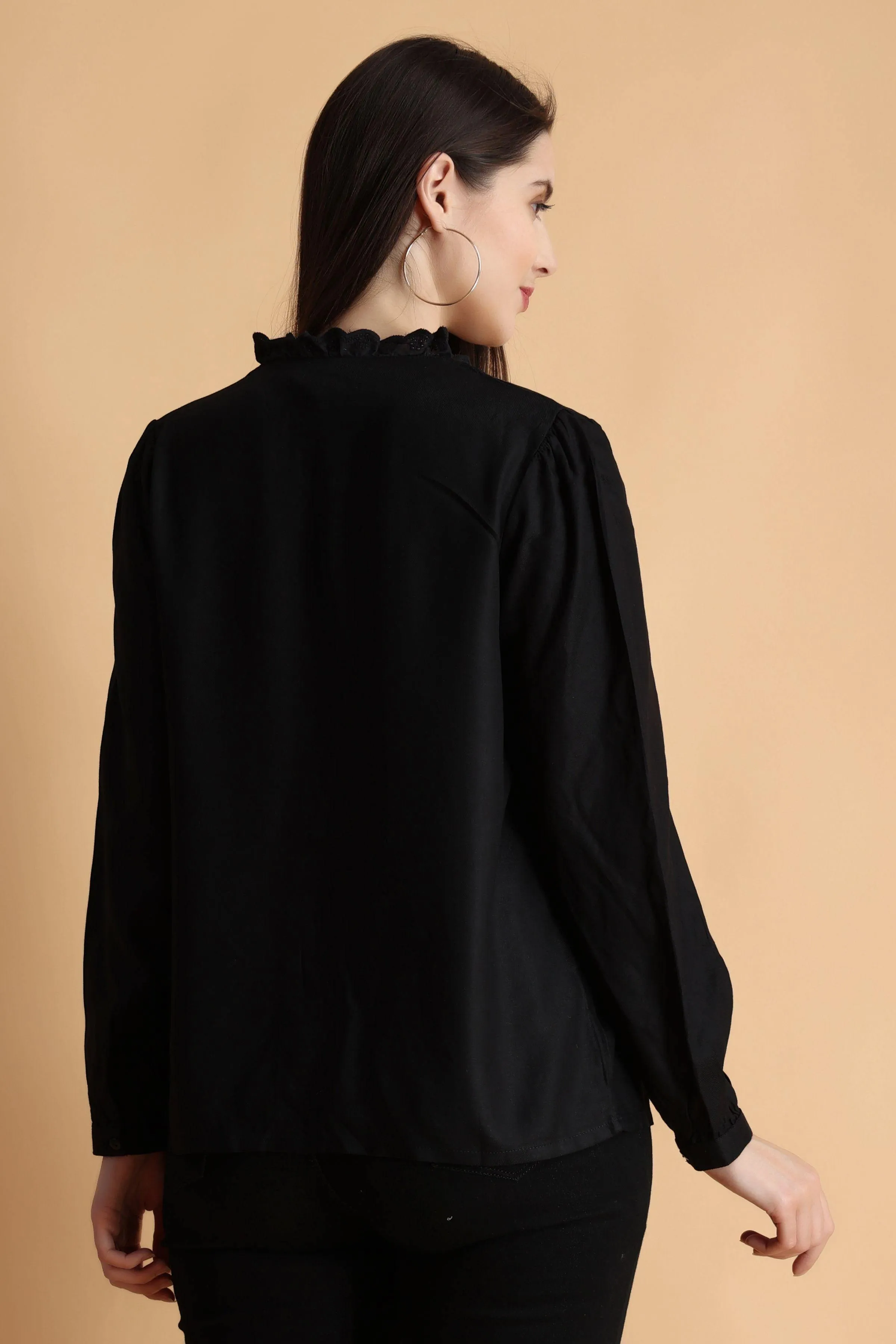 Black Solid Shirt with Lace Border