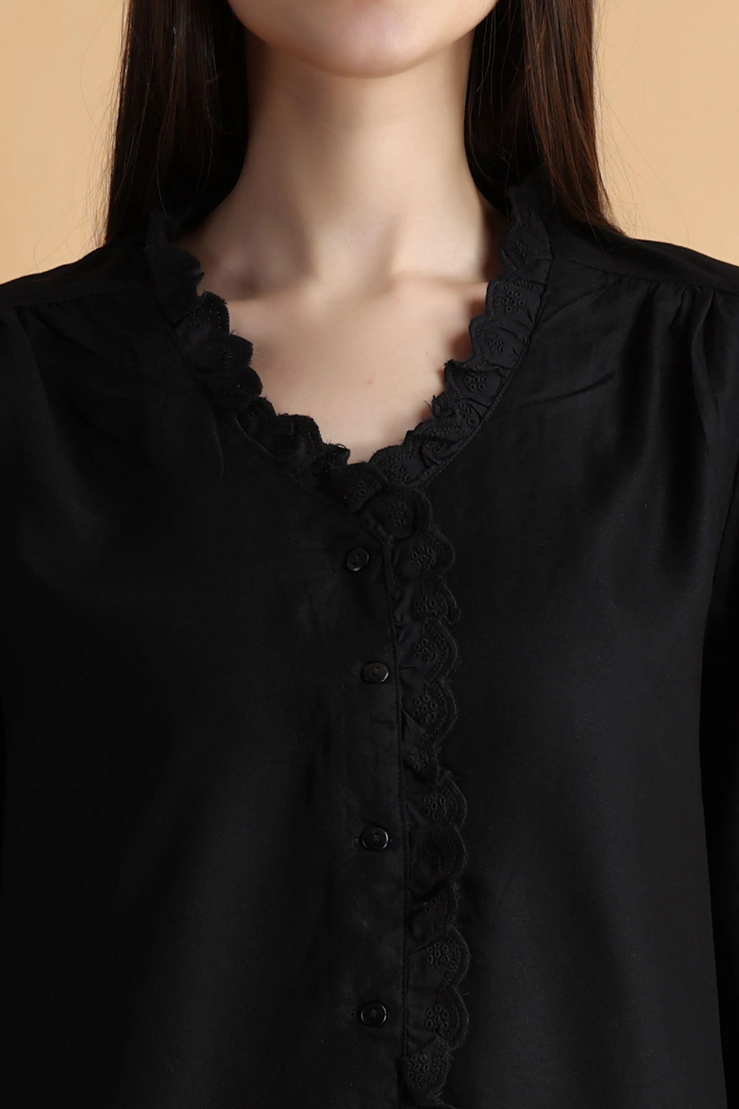 Black Solid Shirt with Lace Border