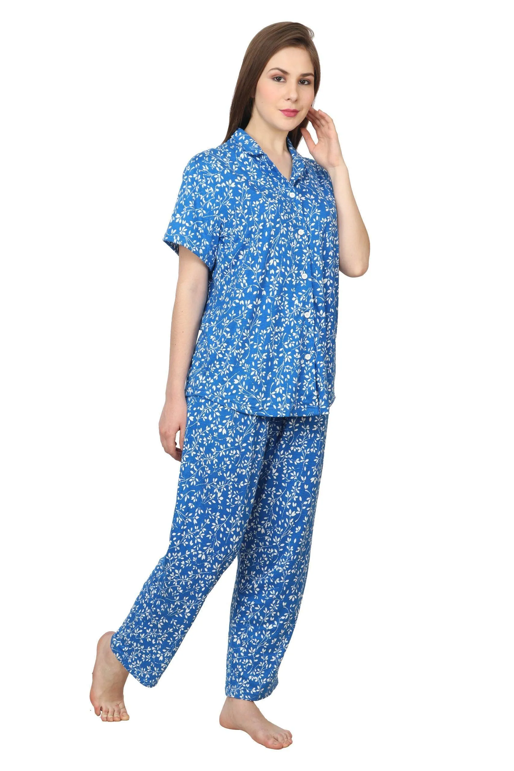 Blue Leaves Printed Night Suit Set