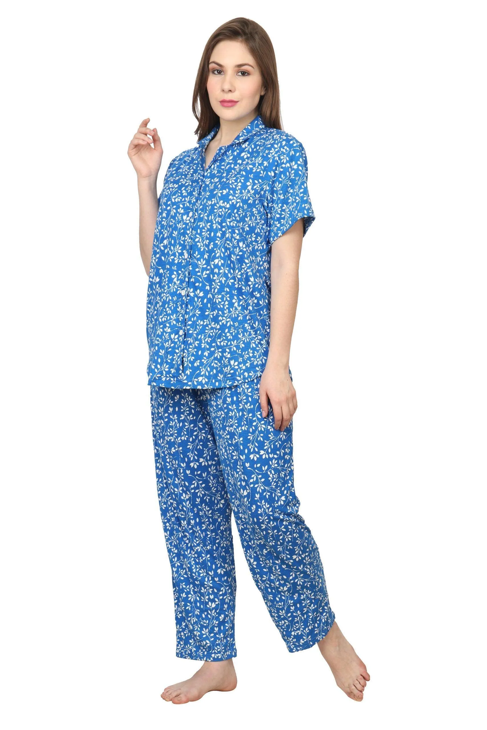 Blue Leaves Printed Night Suit Set