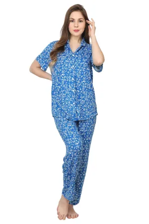 Blue Leaves Printed Night Suit Set