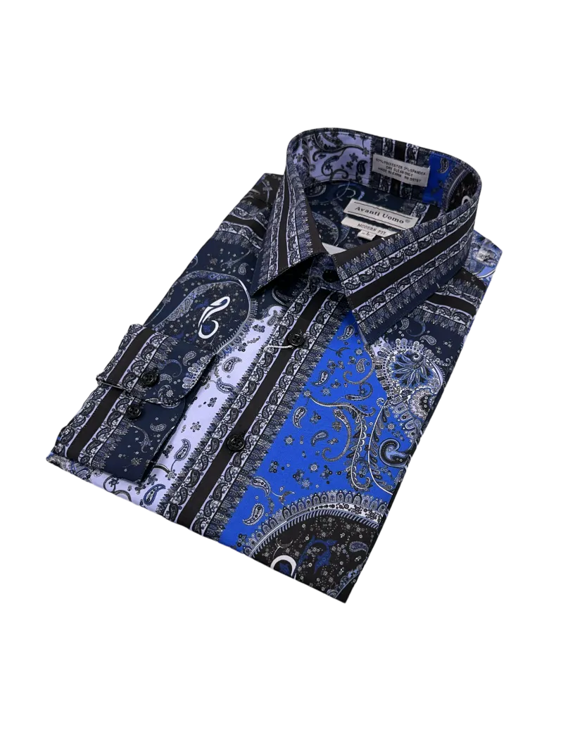 Blue Paisley Men's Dress casual Shirts Long Sleeves By Avanti Uomo