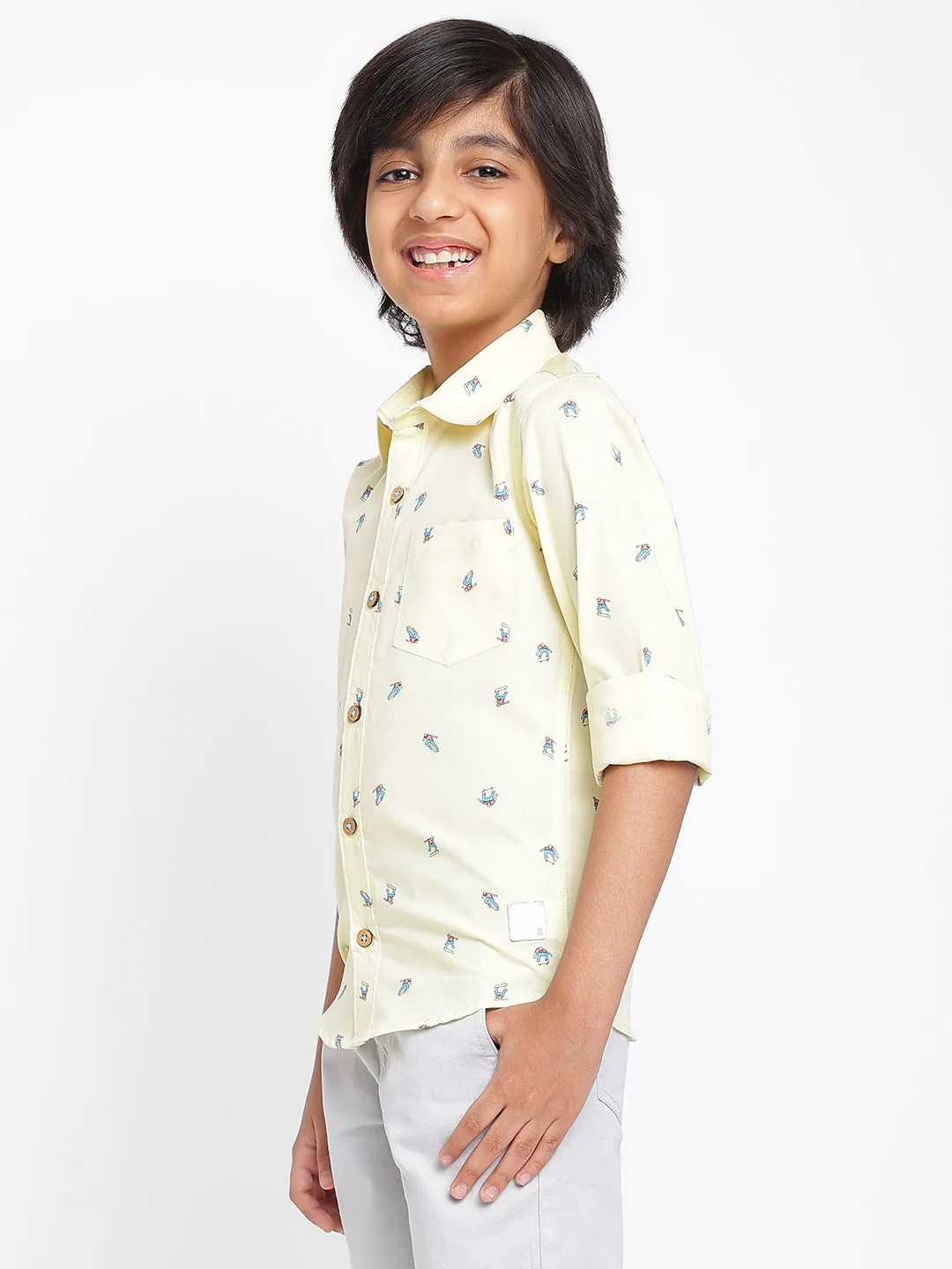 Boys Light Yellow Printed Shirt