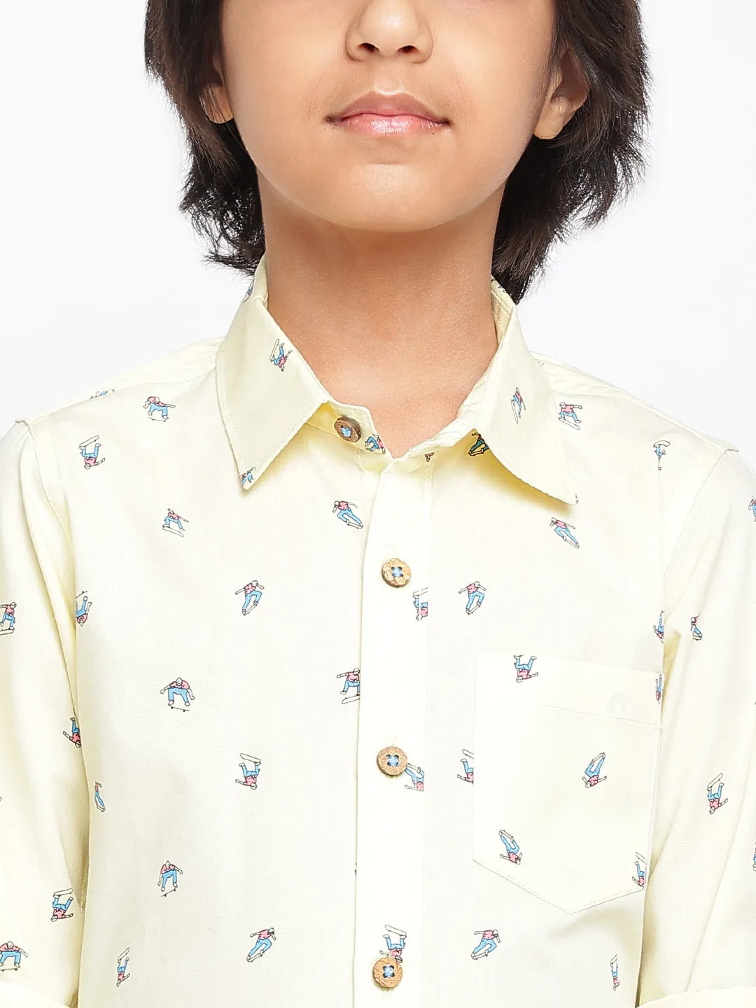 Boys Light Yellow Printed Shirt