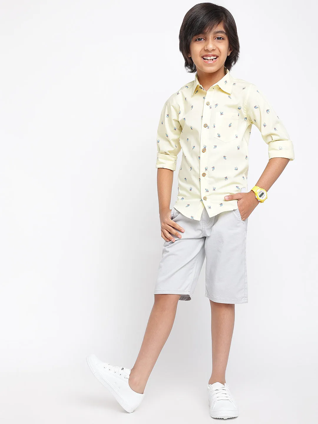 Boys Light Yellow Printed Shirt