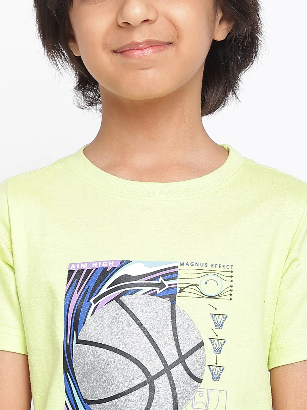 Boys Neon Green Printed Cotton T-shirt