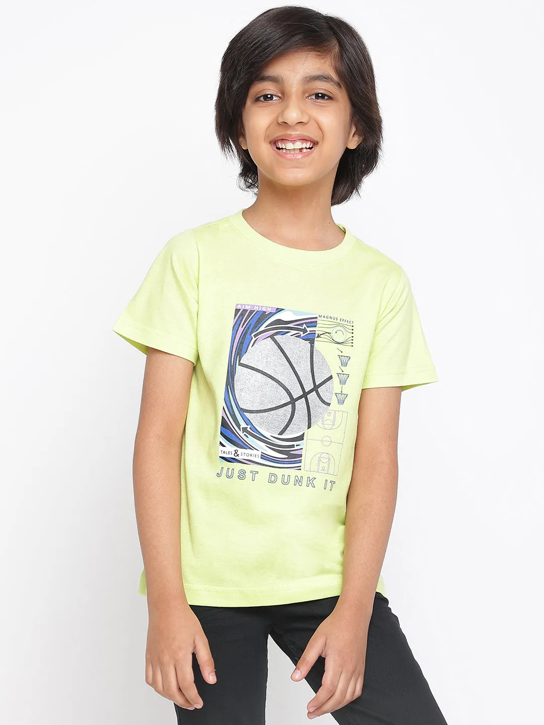 Boys Neon Green Printed Cotton T-shirt