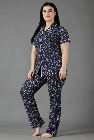 Butterfly Printed Night Suit Set-Dark Blue