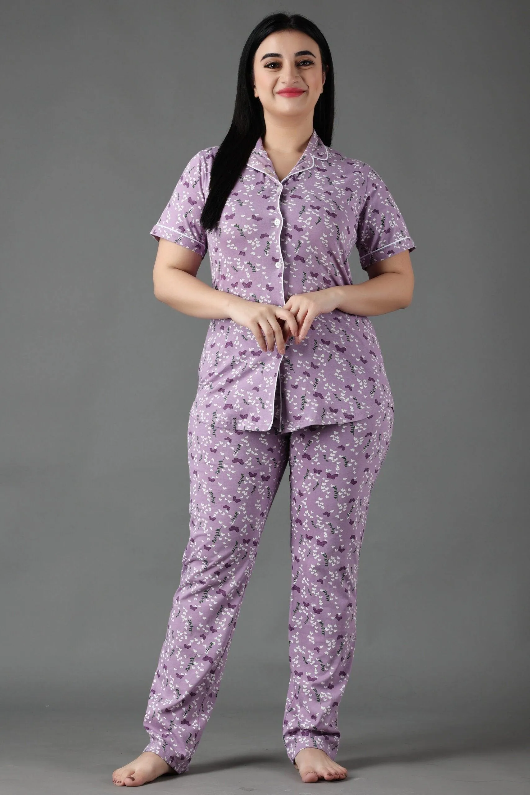 Butterfly Printed Night Suit Set-Light Purple