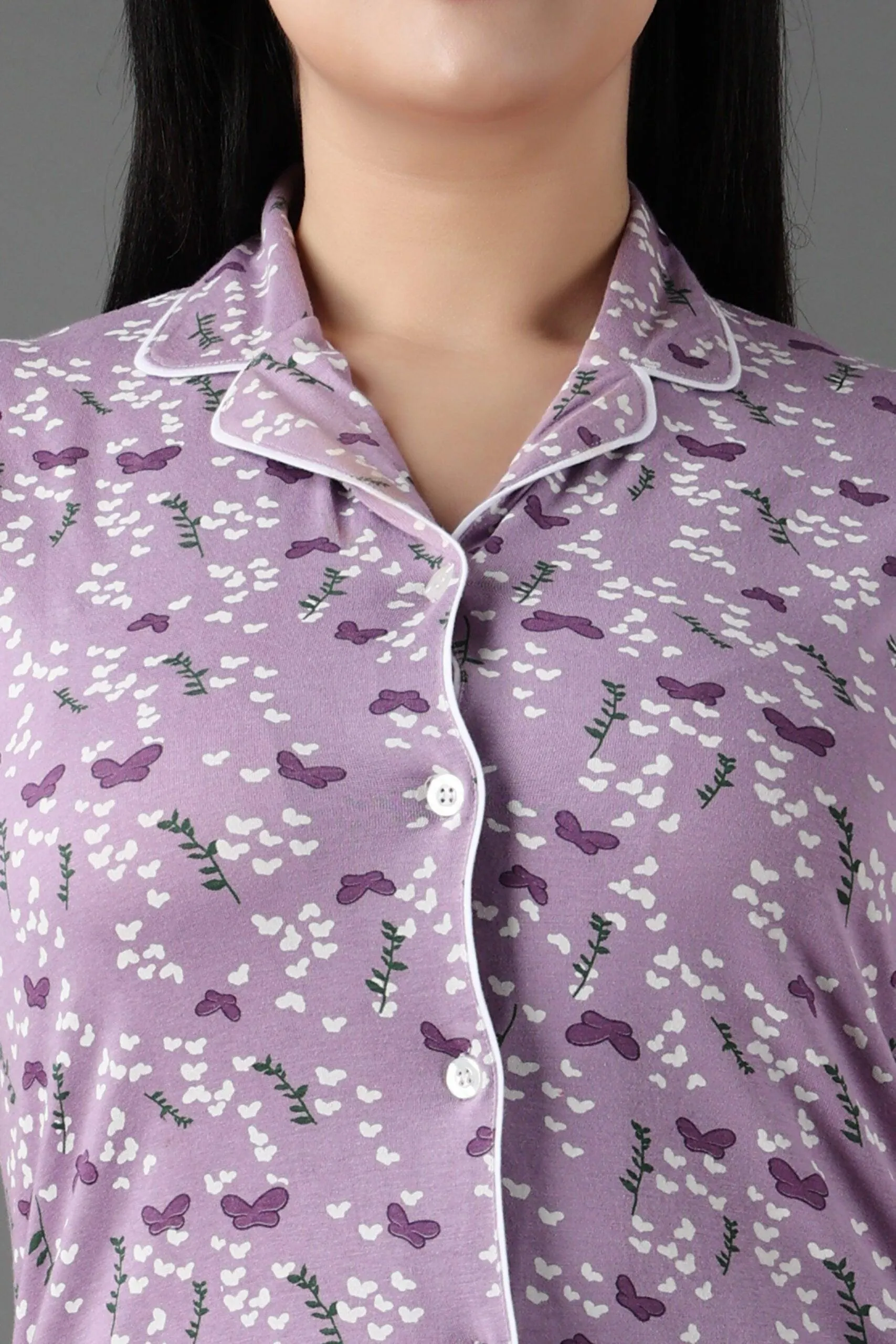 Butterfly Printed Night Suit Set-Light Purple