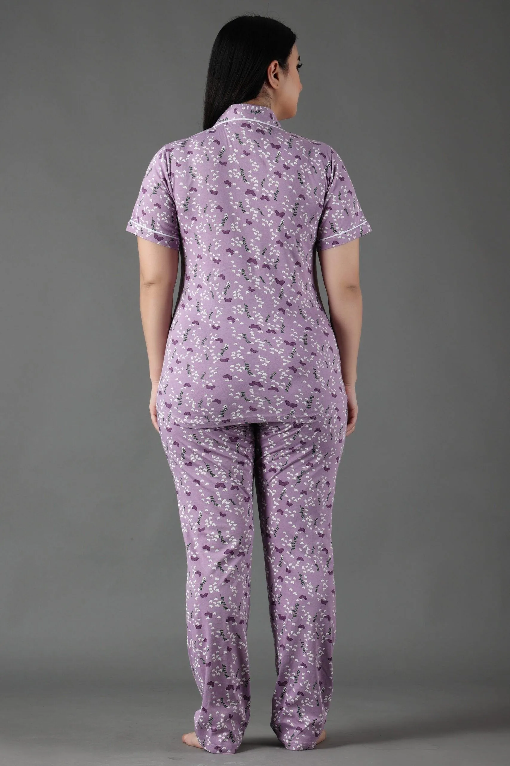 Butterfly Printed Night Suit Set-Light Purple