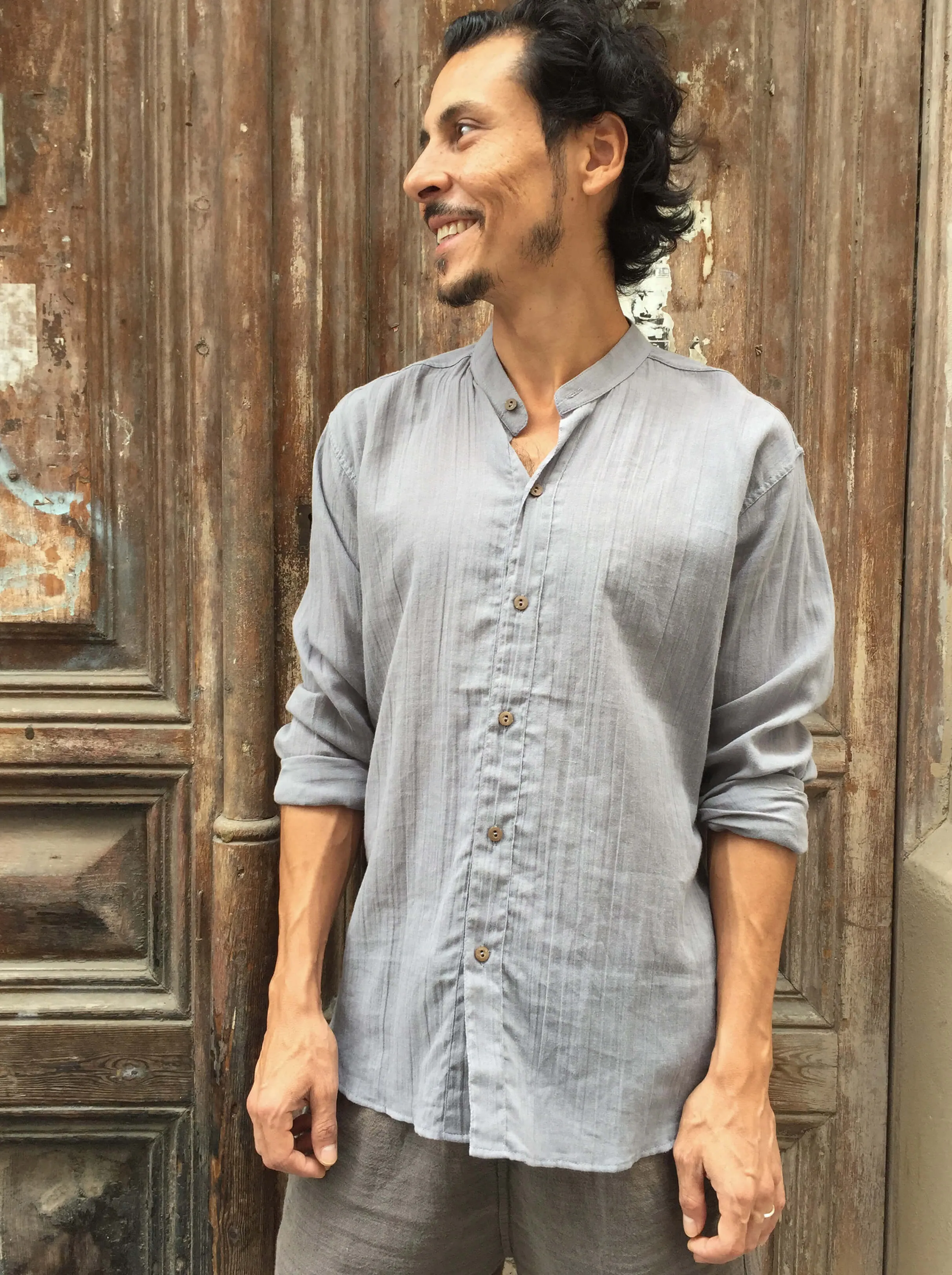 Coconut Button Light Cotton Shirt in Stone Grey