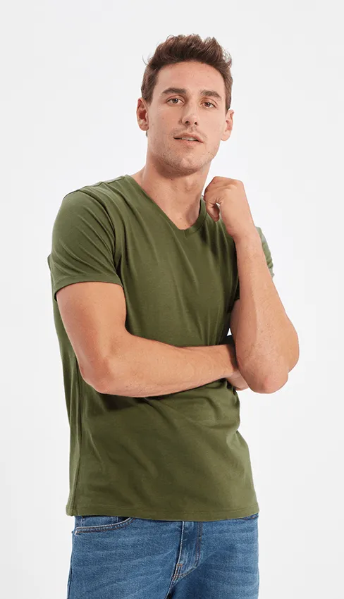 Cotton V-Neck Short Sleeve T-Shirt (Stretchable) Olive