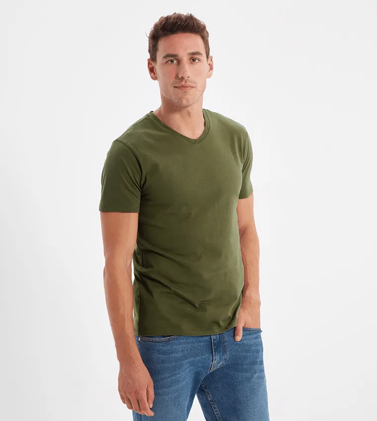 Cotton V-Neck Short Sleeve T-Shirt (Stretchable) Olive