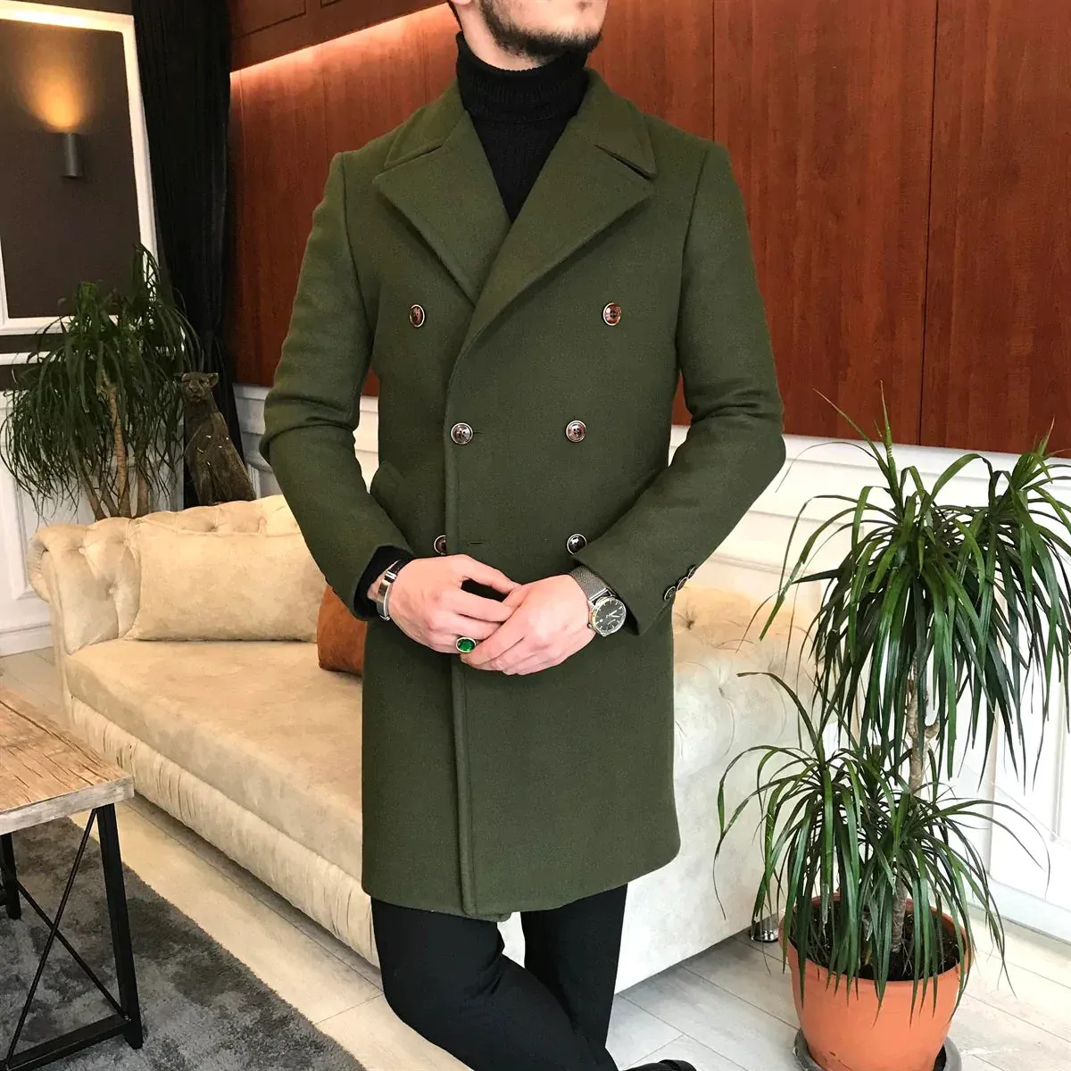 Frost Slim Fit Green Double Breasted Wool Over Coat by ITALIAN VEGA®