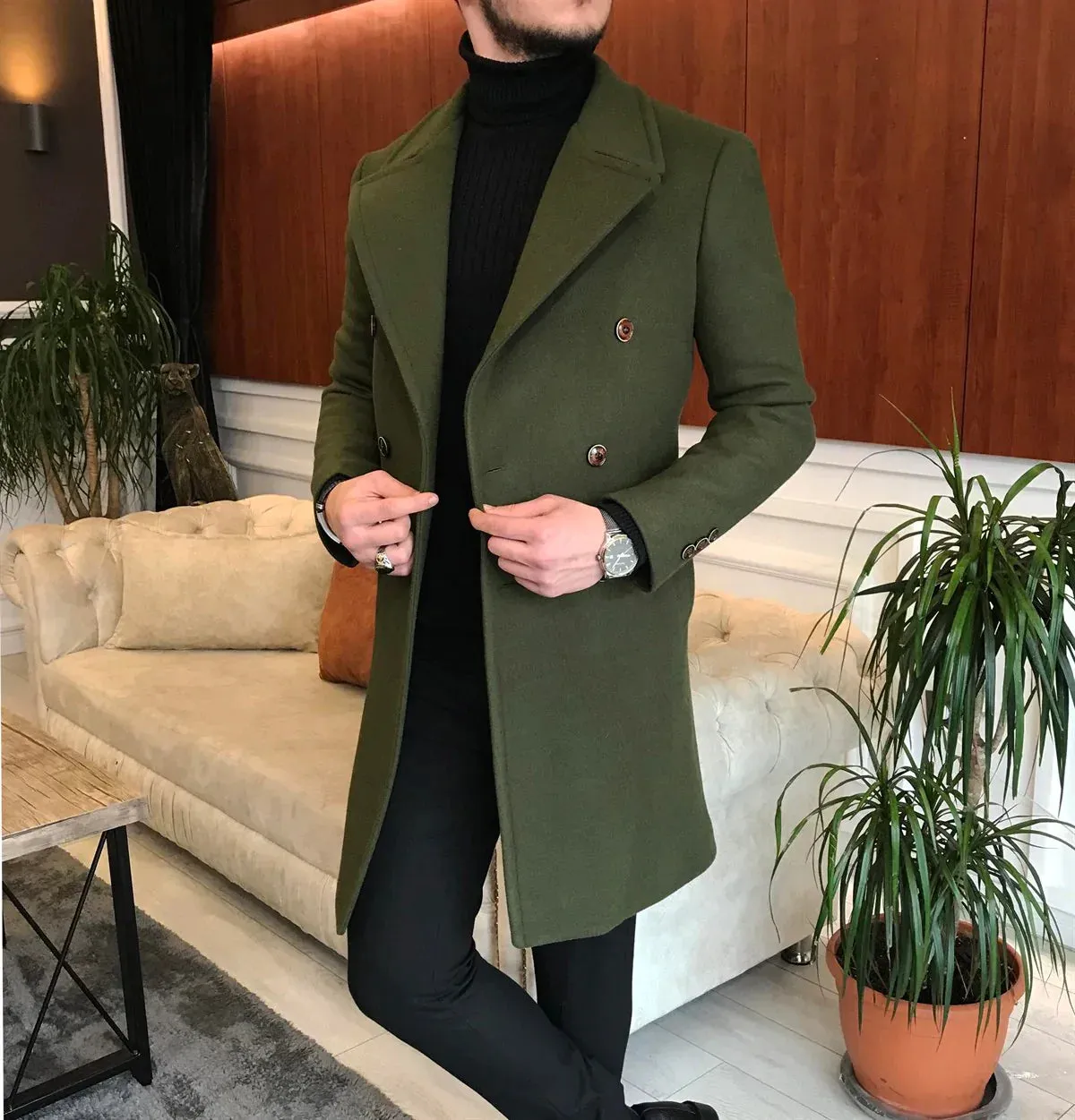 Frost Slim Fit Green Double Breasted Wool Over Coat by ITALIAN VEGA®