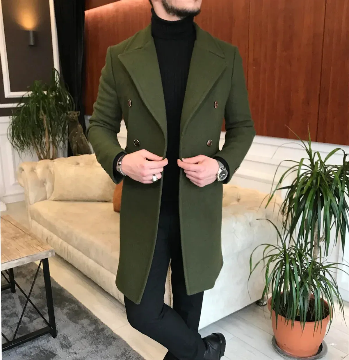 Frost Slim Fit Green Double Breasted Wool Over Coat by ITALIAN VEGA®