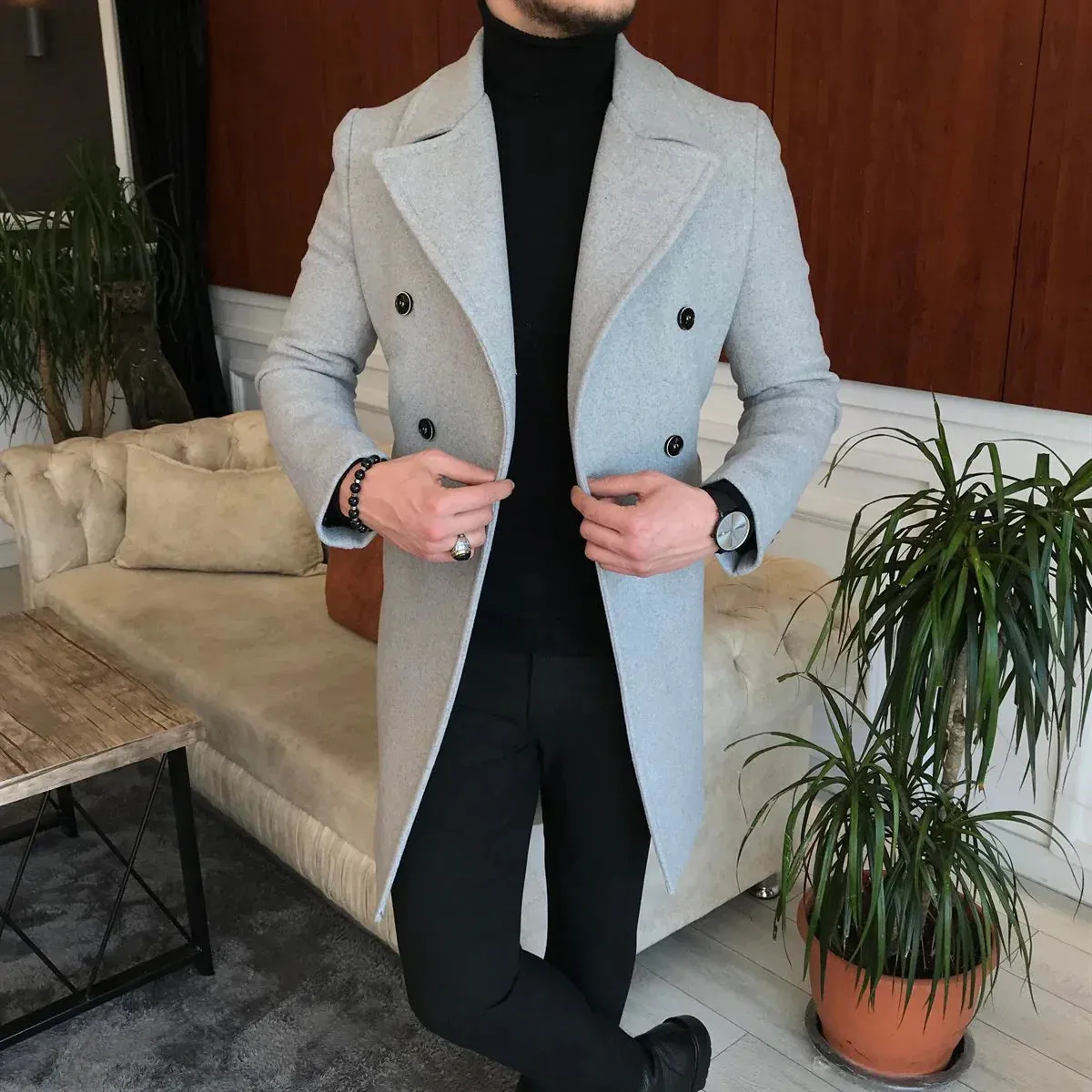 Frost Slim Fit Light Grey Double Breasted Wool Over Coat by ITALIAN VEGA®