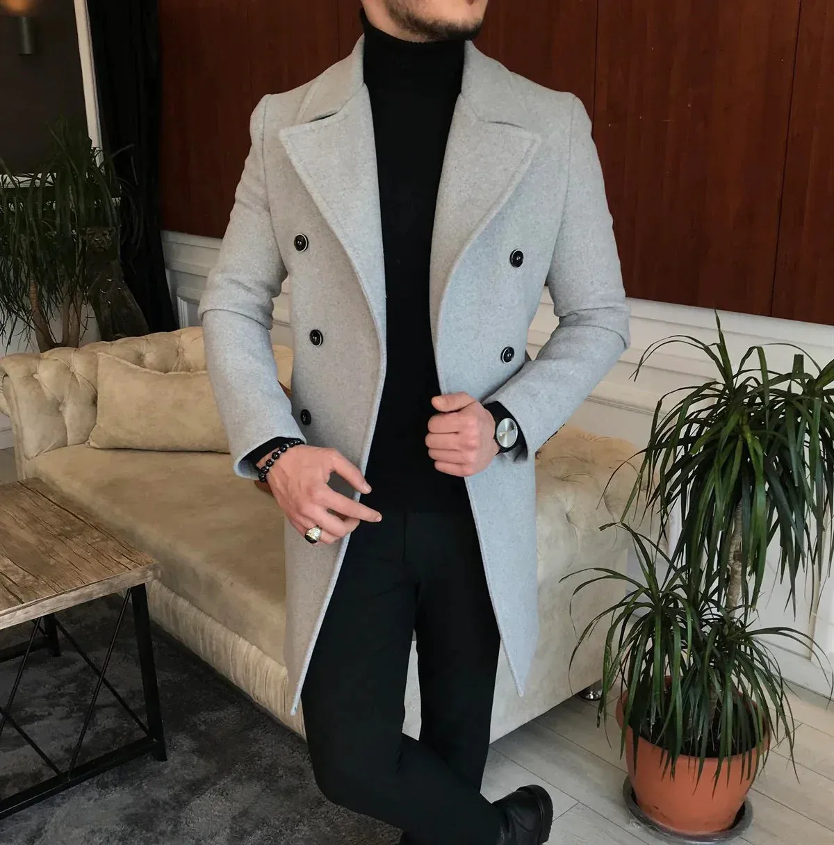 Frost Slim Fit Light Grey Double Breasted Wool Over Coat by ITALIAN VEGA®