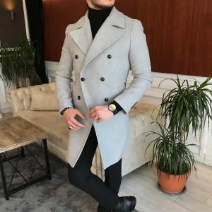 Frost Slim Fit Light Grey Double Breasted Wool Over Coat by ITALIAN VEGA®