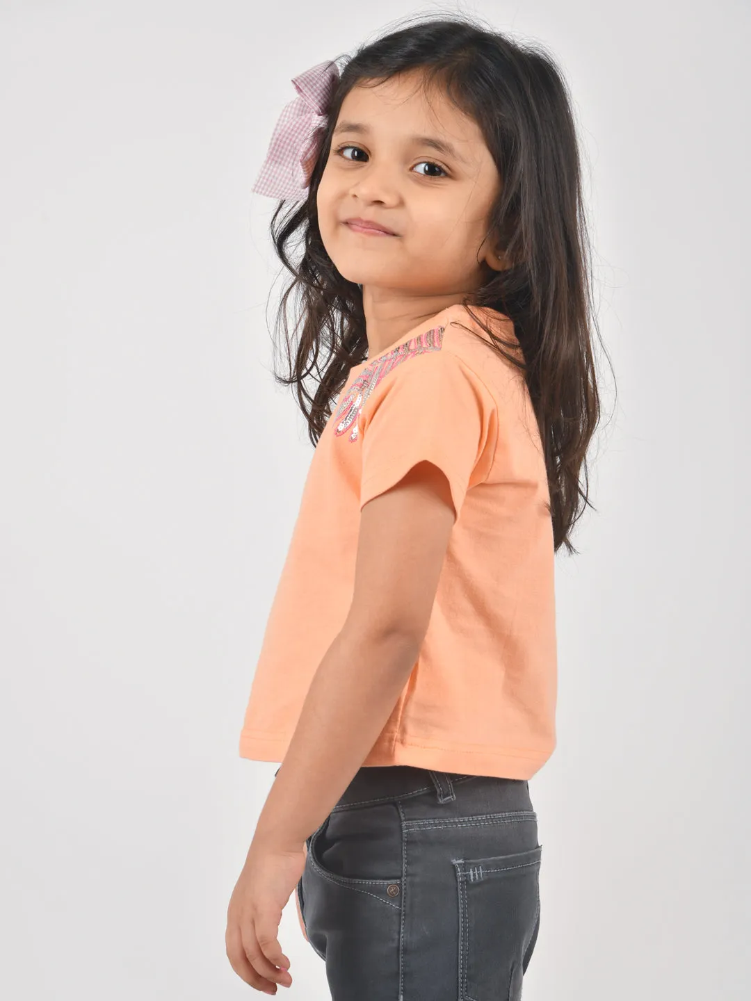 Girls Peach Embroidered T-shirt