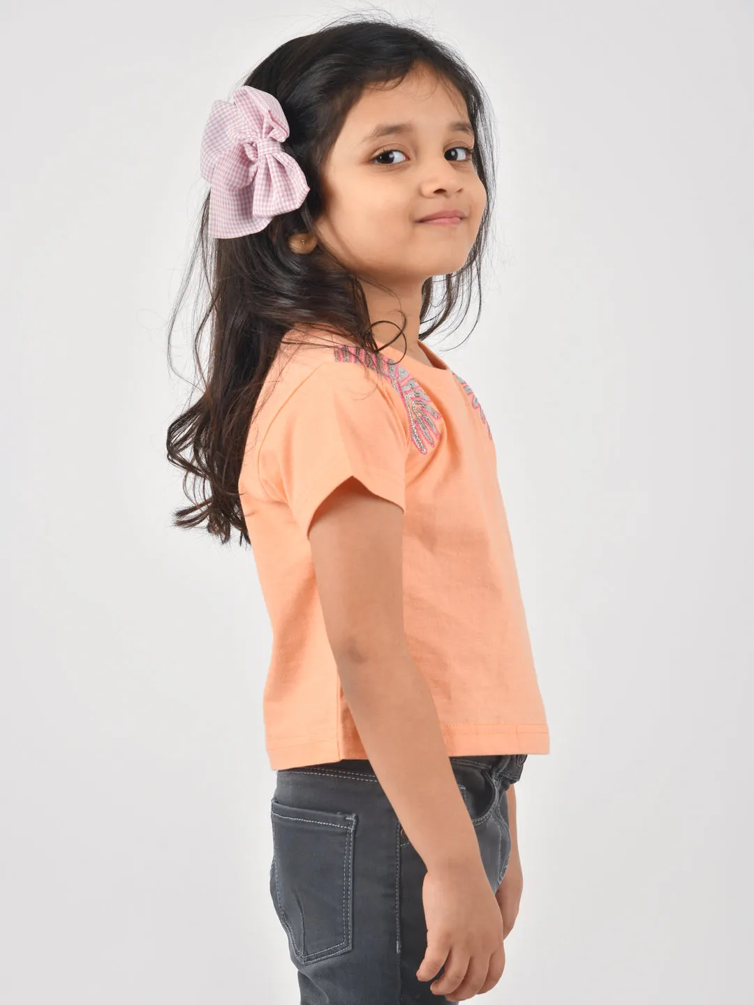 Girls Peach Embroidered T-shirt