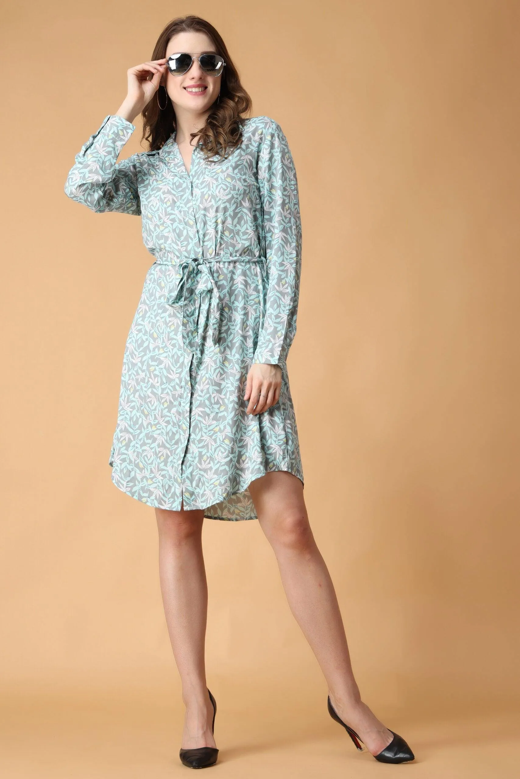 Green Leaves Printed Buttoned Tie Up Dress