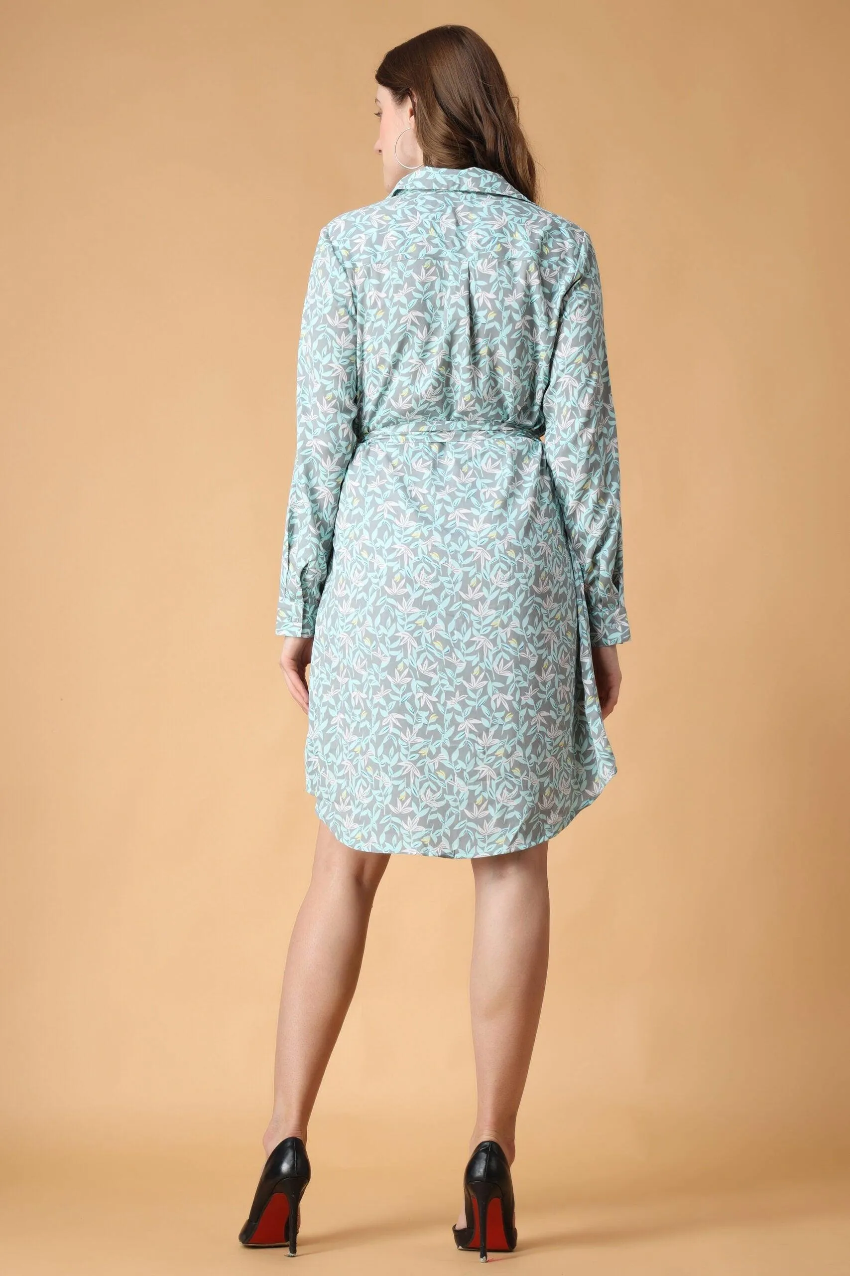 Green Leaves Printed Buttoned Tie Up Dress