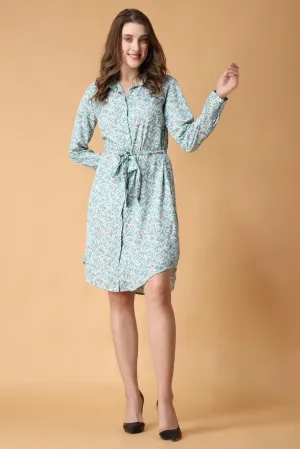 Green Leaves Printed Buttoned Tie Up Dress