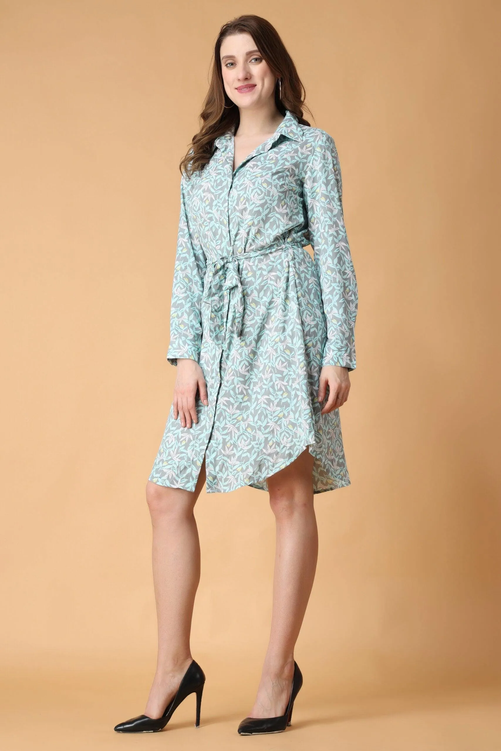 Green Leaves Printed Buttoned Tie Up Dress