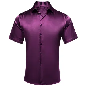 Hi-Tie Deep Purple Solid Satin Men's Short Sleeve Shirt