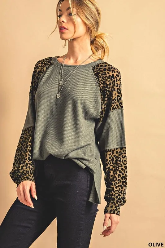 Kori Animal Thermal Long Sleeve Tee Top - Olive