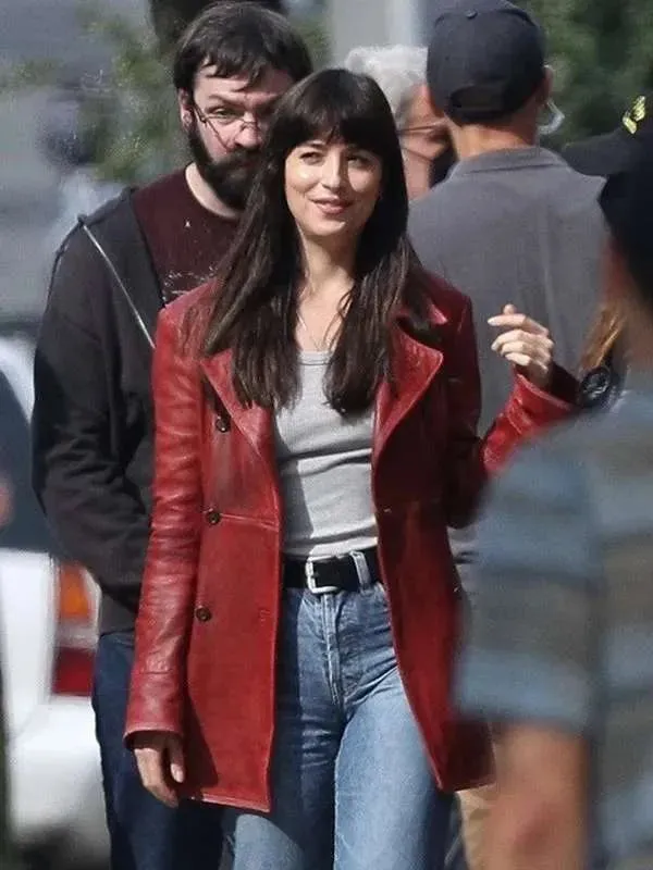 Madame Web Dakota Johnson 2024 Maroon Double Breasted Leather Coat