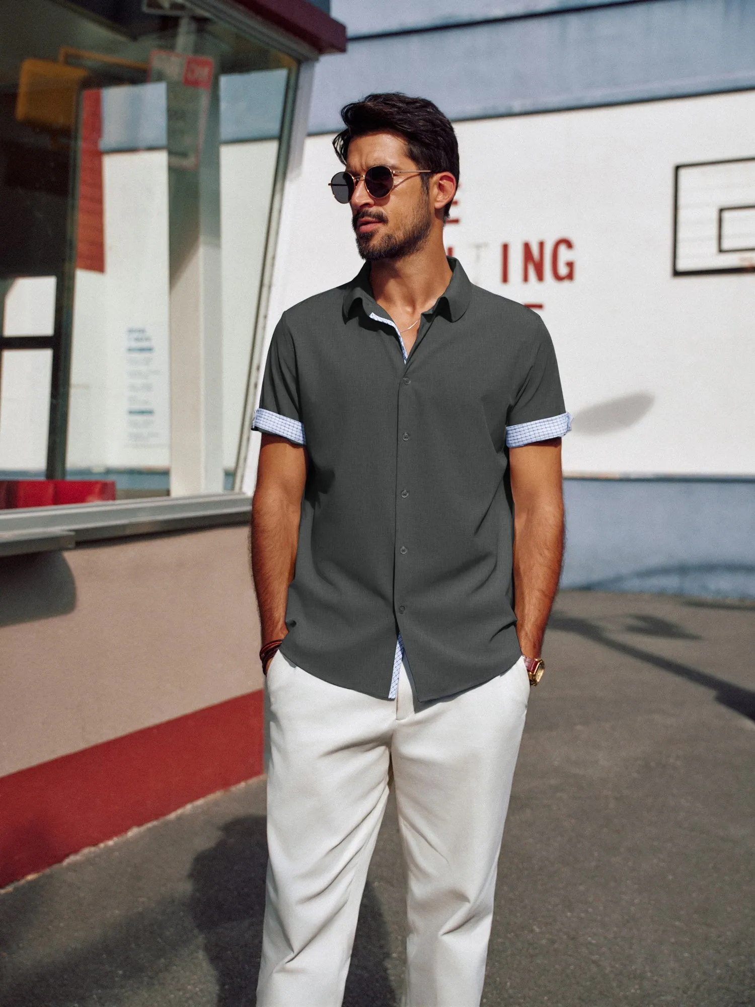 Men Curved Hem Shirt Casual Short Sleeve Classic Collar Button-up Tops