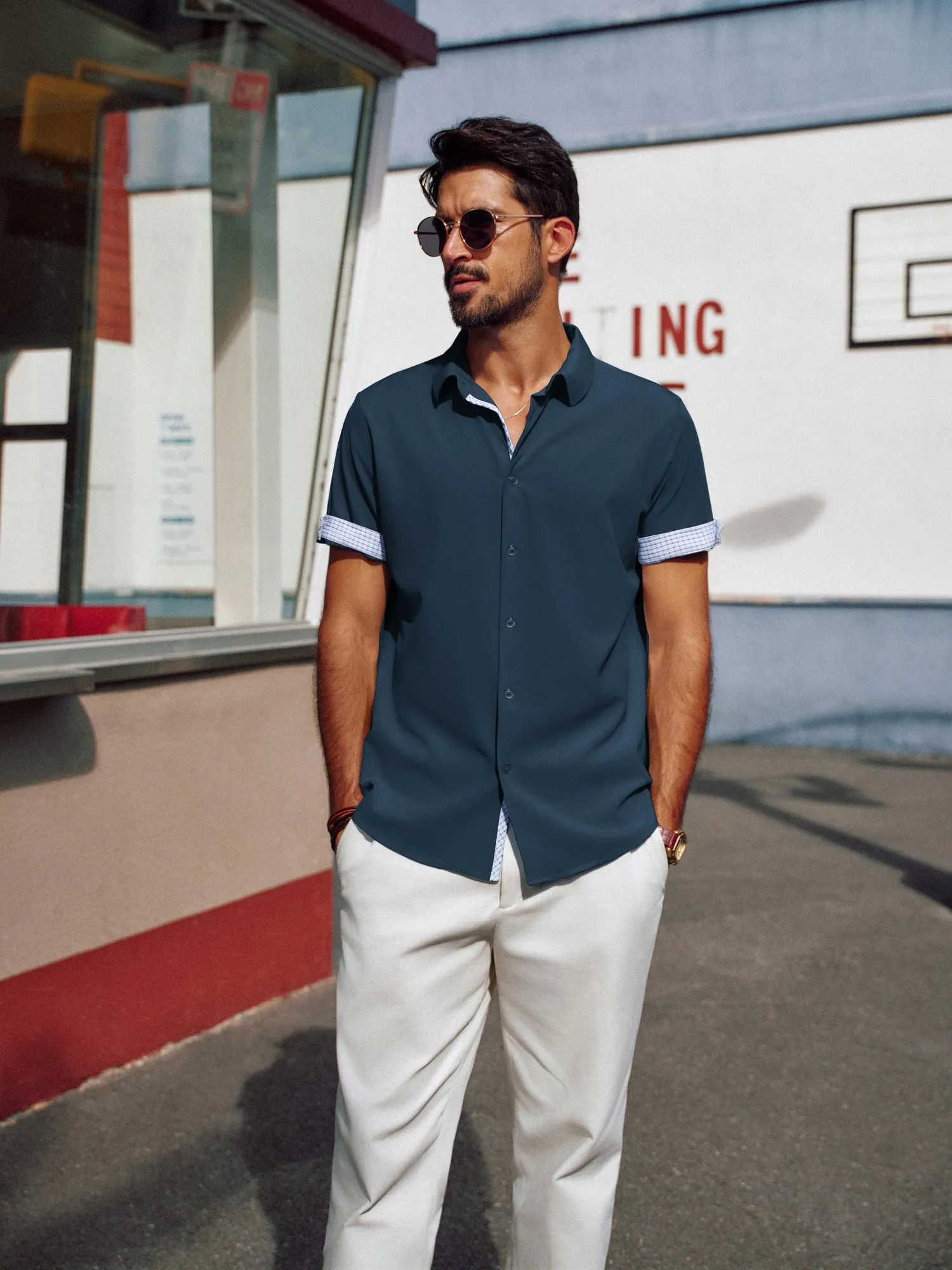 Men Curved Hem Shirt Casual Short Sleeve Classic Collar Button-up Tops