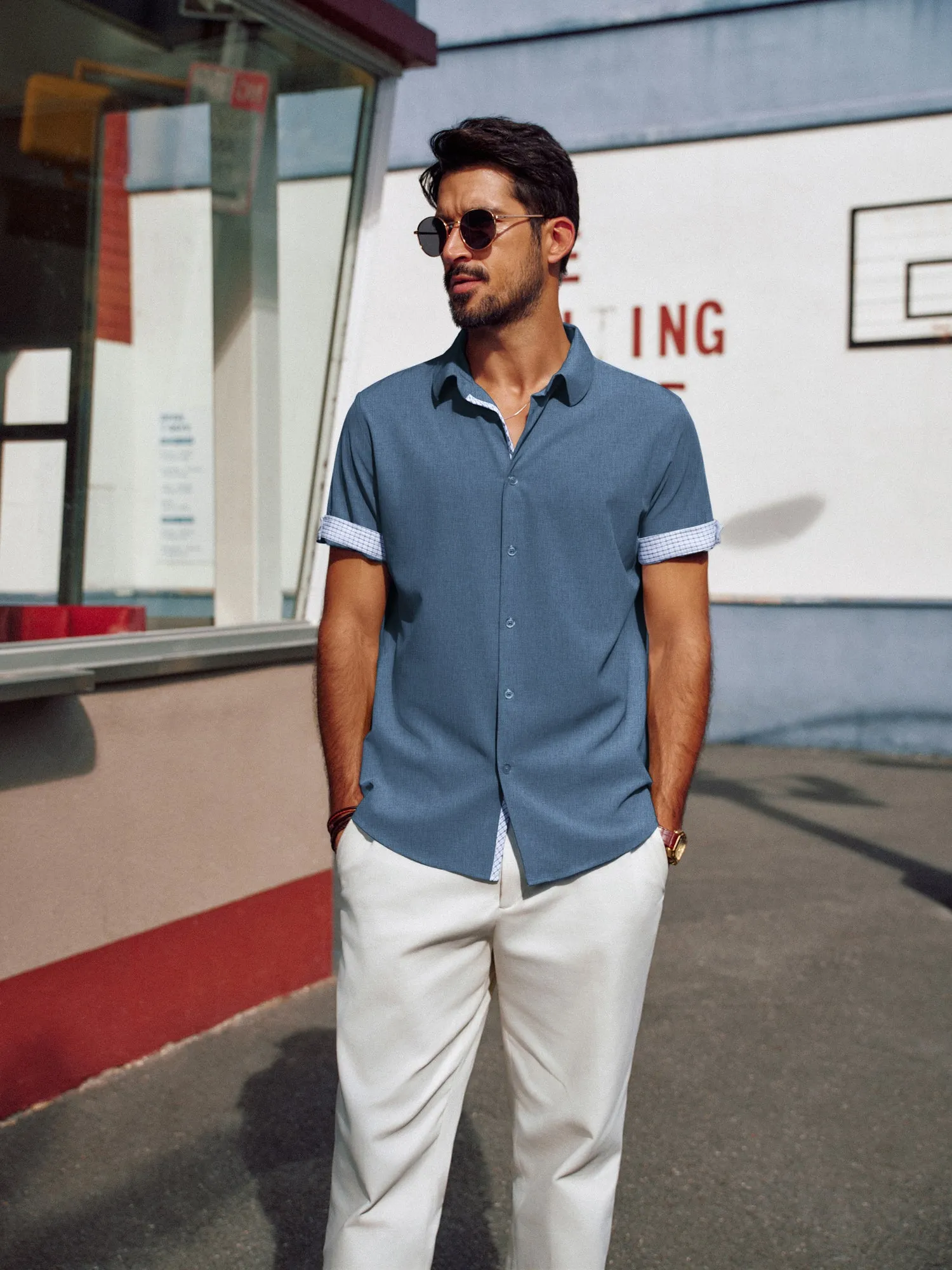 Men Curved Hem Shirt Casual Short Sleeve Classic Collar Button-up Tops