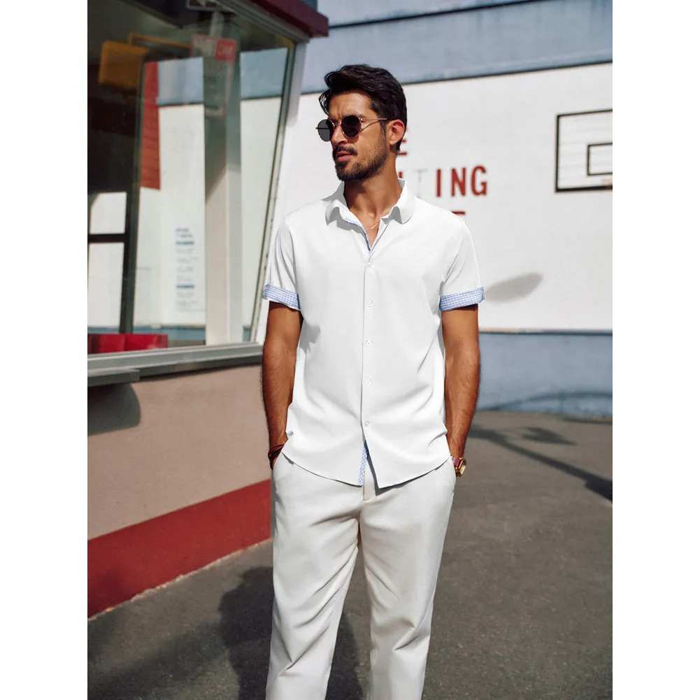 Men Curved Hem Shirt Casual Short Sleeve Classic Collar Button-up Tops